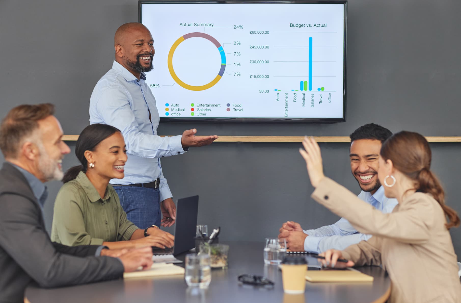 A team of professionals reviewing data and performance metrics in a call center, focusing on optimizing customer service strategies